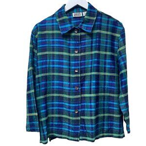 CHICOS Silk Shirt Jacket Size Large Womens Blue Green Plaid Top 3/4 Sleeve